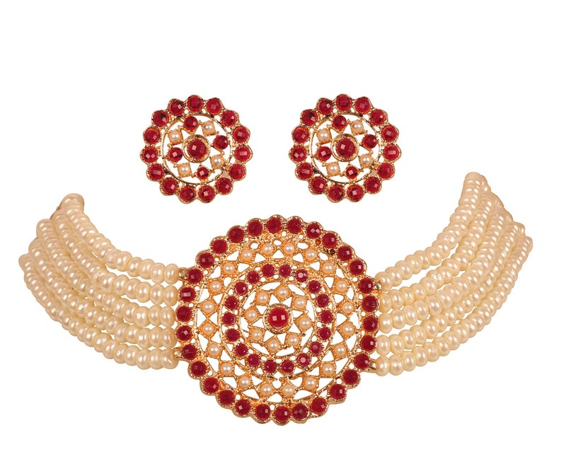 Touchstone "Padmavati Collection Indian bollywood traditional faux ruby red rhinestones and faux pearls grand designer jewelry choker necklace set in gold tone for women. - Image 1